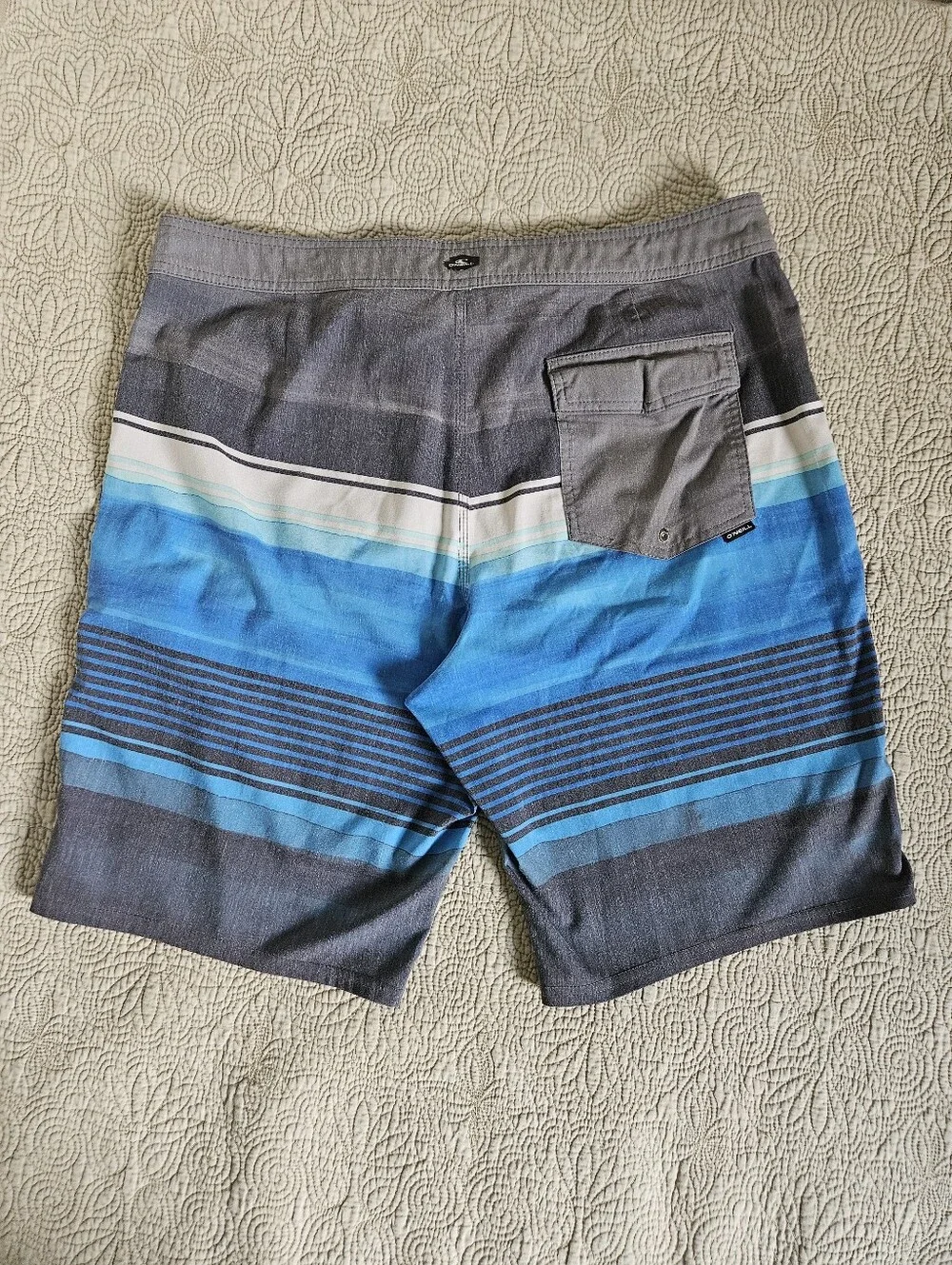 O'Neill Men's Board Shorts, Size 34, Striped Swim Trunks, blue/grey